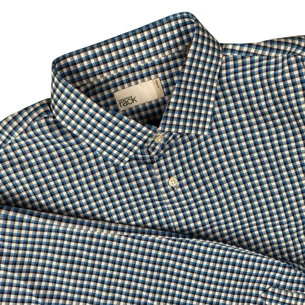 Nordstrom Rack Mens XL 16.5 Blue Black Check Plaid Button Down Shirt 100% Cotton